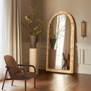 Moorizon Calista oversized arched floor mirror with harvest armchair and urban glow wall sconce