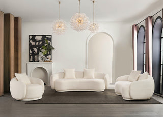 Moorizon Lovenest white fabric sofa set with Spiral Bubble chandelier, modern living room design