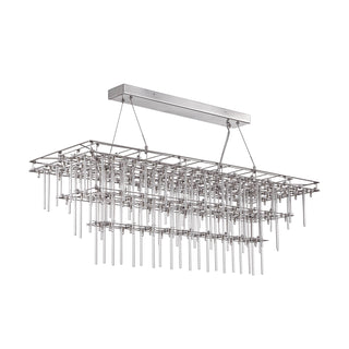 angle view of Stardust chandelier with tiered glass rods and rectangular metal frame