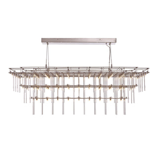 front view of Stardust chandelier with tiered glass rods and rectangular metal frame