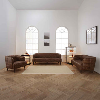 Vintage Diamond 3-Seater Sofa in Whiskey Brown Full-Grain Leather with Wooden Legs – Modern Designer Sofa in Living Room Setting