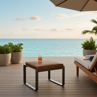 Moorizon Arlow lounge chair with footstool in Whiskey — low lounge set for terrace or living room