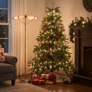 moorizon aurora radial floor lamp next to the christmas tree in a holiday vibe