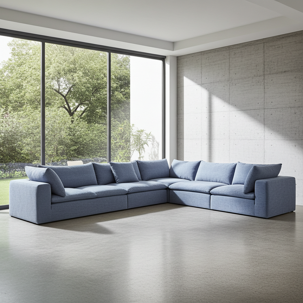 Moorizon Balance collection sofa with ottoman in Ocean — modular seating near window, wide angle