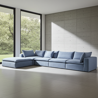 Moorizon Balance collection sofa with ottoman in Ocean — sectional configuration, side view