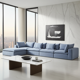 Moorizon Balance collection sofa with ottoman in Ocean — front view, airy living space