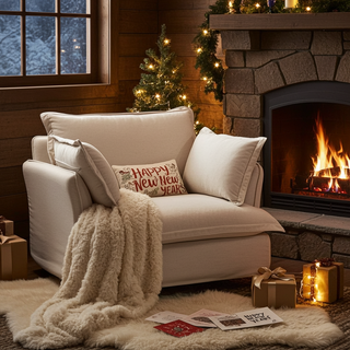 Moorizon Classic Comfort collection chair in White — classic silhouette with knit throw, fireplace background