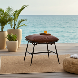 Moorizon Fisherman’s Rest ottoman in Light Brown — coastal-inspired footrest with wood base