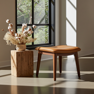 Moorizon Harvest ottoman in Cognac — round cushion ottoman, leather upholstery