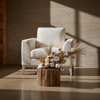Moorizon Elegant Era accent chair — neutral fabric armchair styled in a warm living room setting