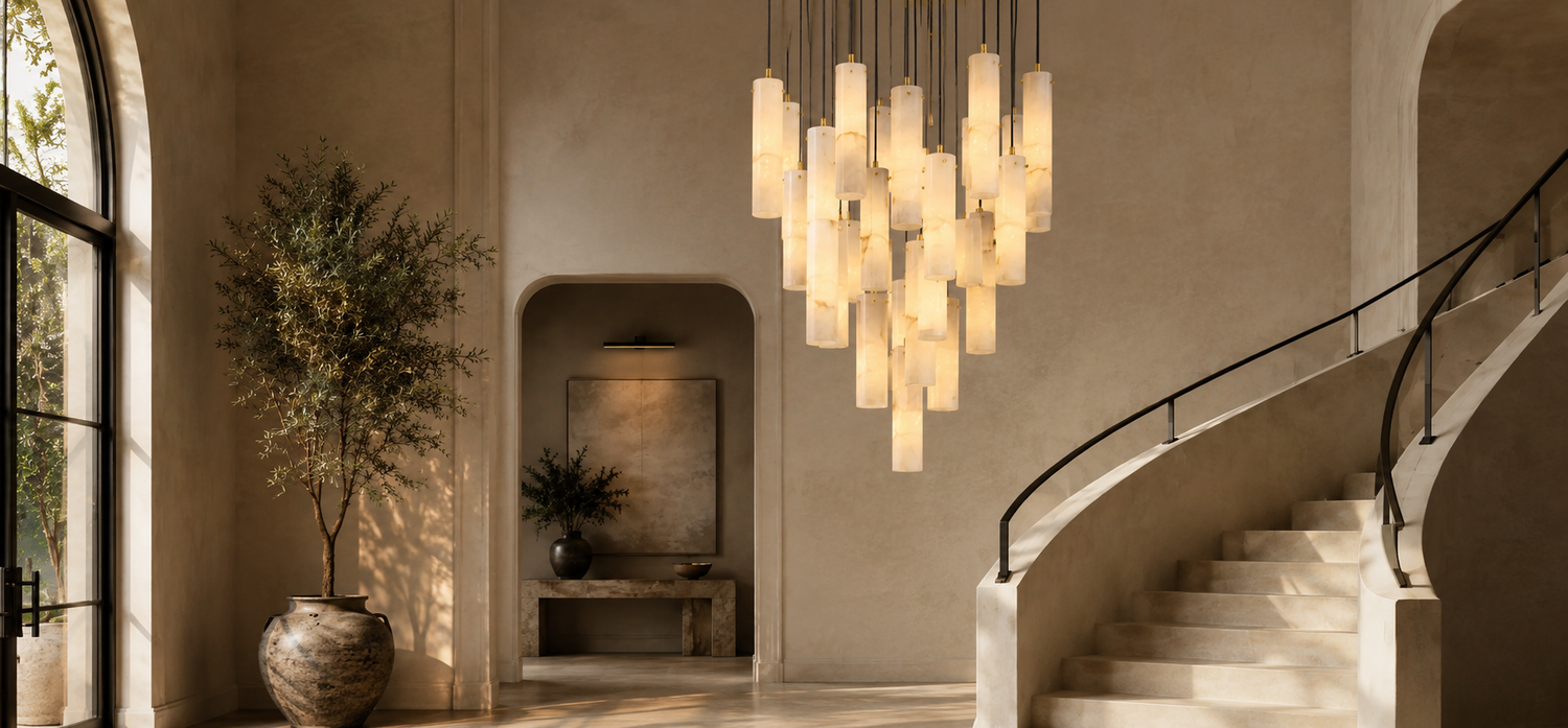 Wide view of an illuminated alabaster chandelier in an elegant curved staircase foyer