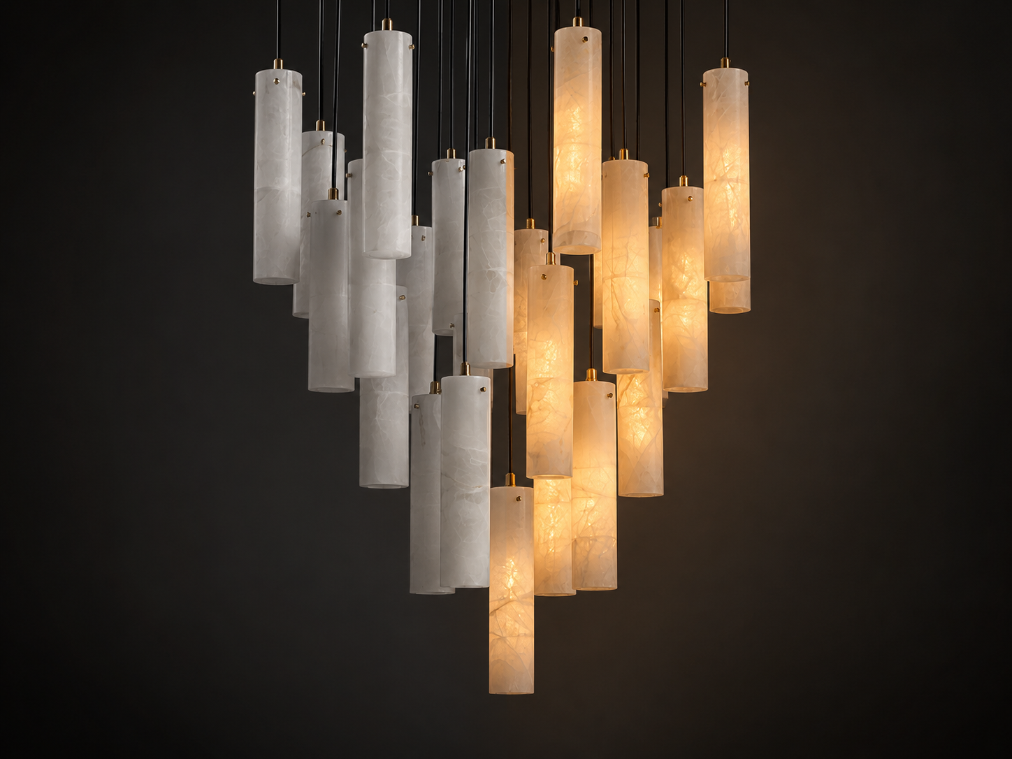 Side-by-side view of the alabaster chandelier unlit and illuminated with a warm glow