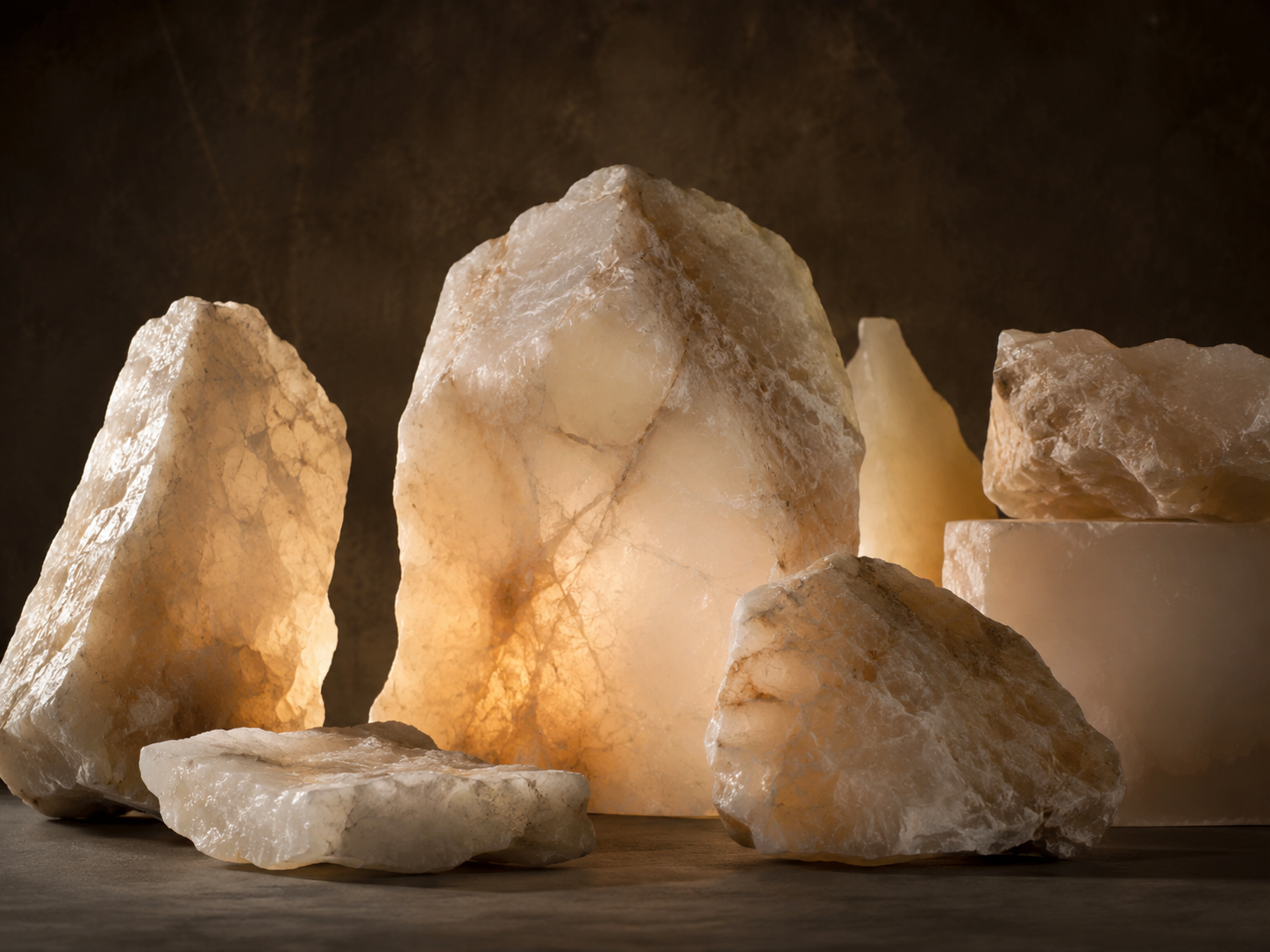 Natural alabaster stone pieces illuminated from within against a dark background