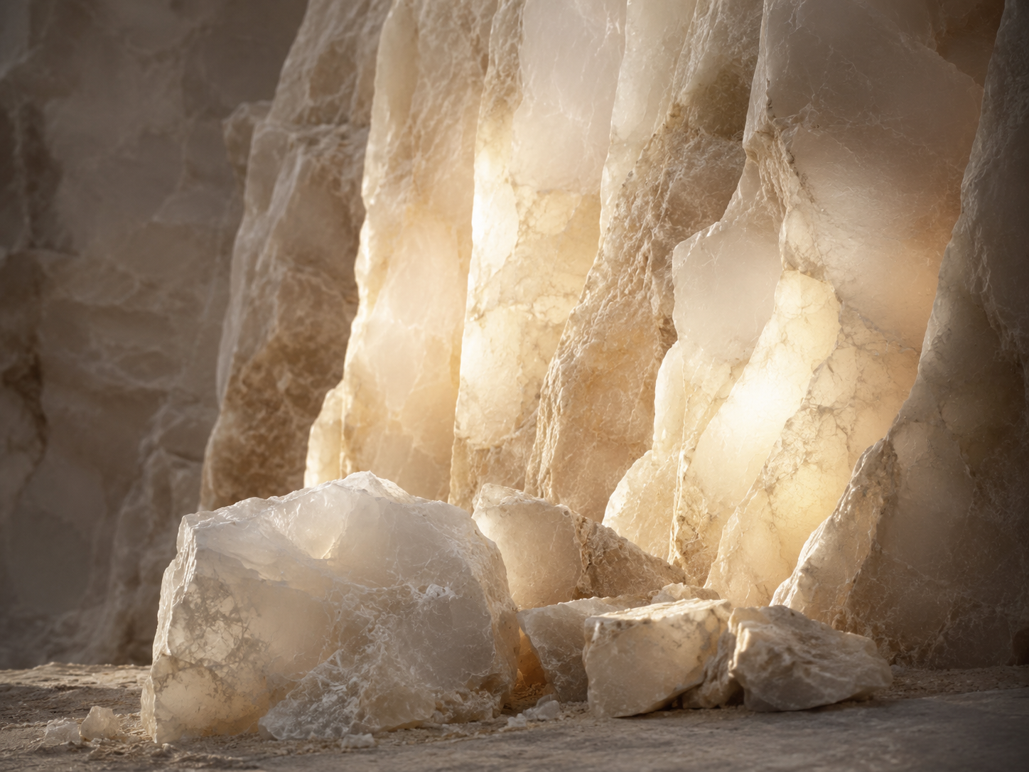 Close-up of illuminated natural alabaster stones showing translucent veining and warm color variations