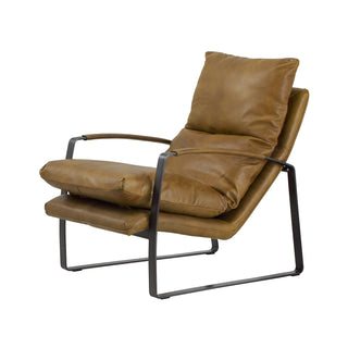 angle view of brown leather lounge chair with black curved metal base