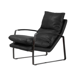 angle view of black leather lounge chair with black curved metal base