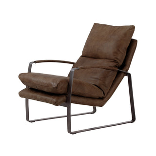 angle view of rw brown leather lounge chair with black curved metal base