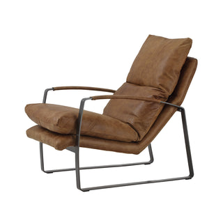 angled view of whiskey leather lounge chair with architectural black metal frame