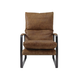 front view of whiskey leather lounge chair with steel base