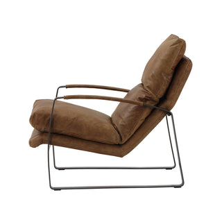 side view of whiskey leather lounge chair with steel base