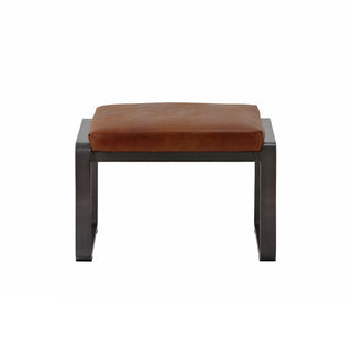 side view of light brown leather lounge footstool with matte metal base