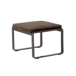 angle view of rw brown leather lounge footstool with matte metal base