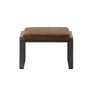 side view of whiskey leather lounge footstool with matte metal base