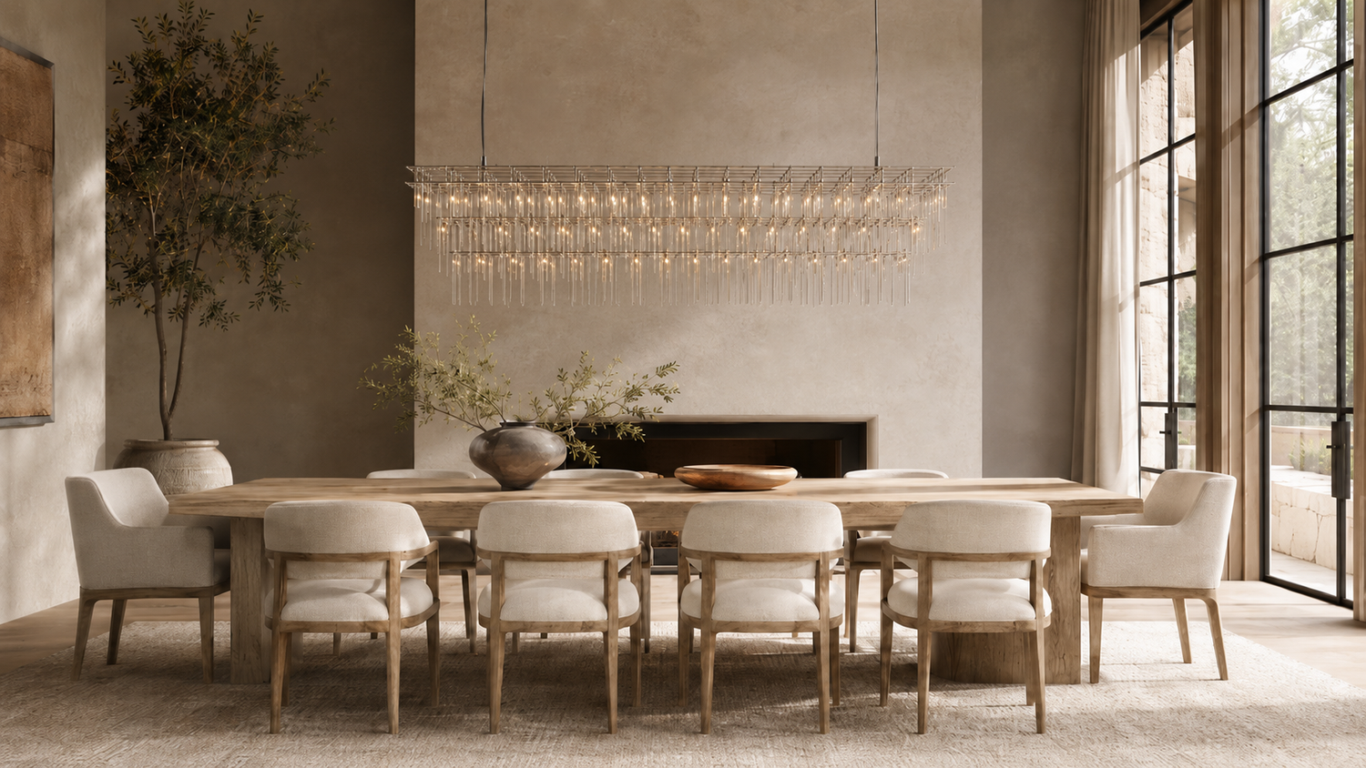 Aura rectangular chandelier with clear glass rods and warm LED lights above a contemporary dining table.