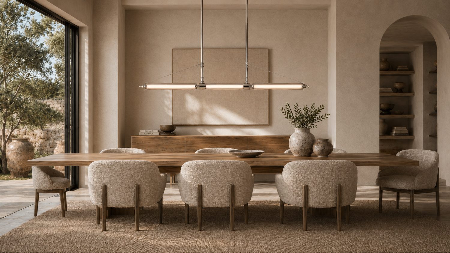Aurora lighting collection styled above a dining table in a warm contemporary luxury interior.