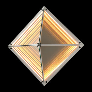 Axis LED Infinity Glass Mirror illuminated with warm linear lighting and a geometric diamond-shaped mirrored design.