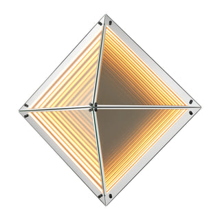 Angled view of the Axis LED Infinity Glass Mirror with warm LED illumination and faceted geometric glass panels.