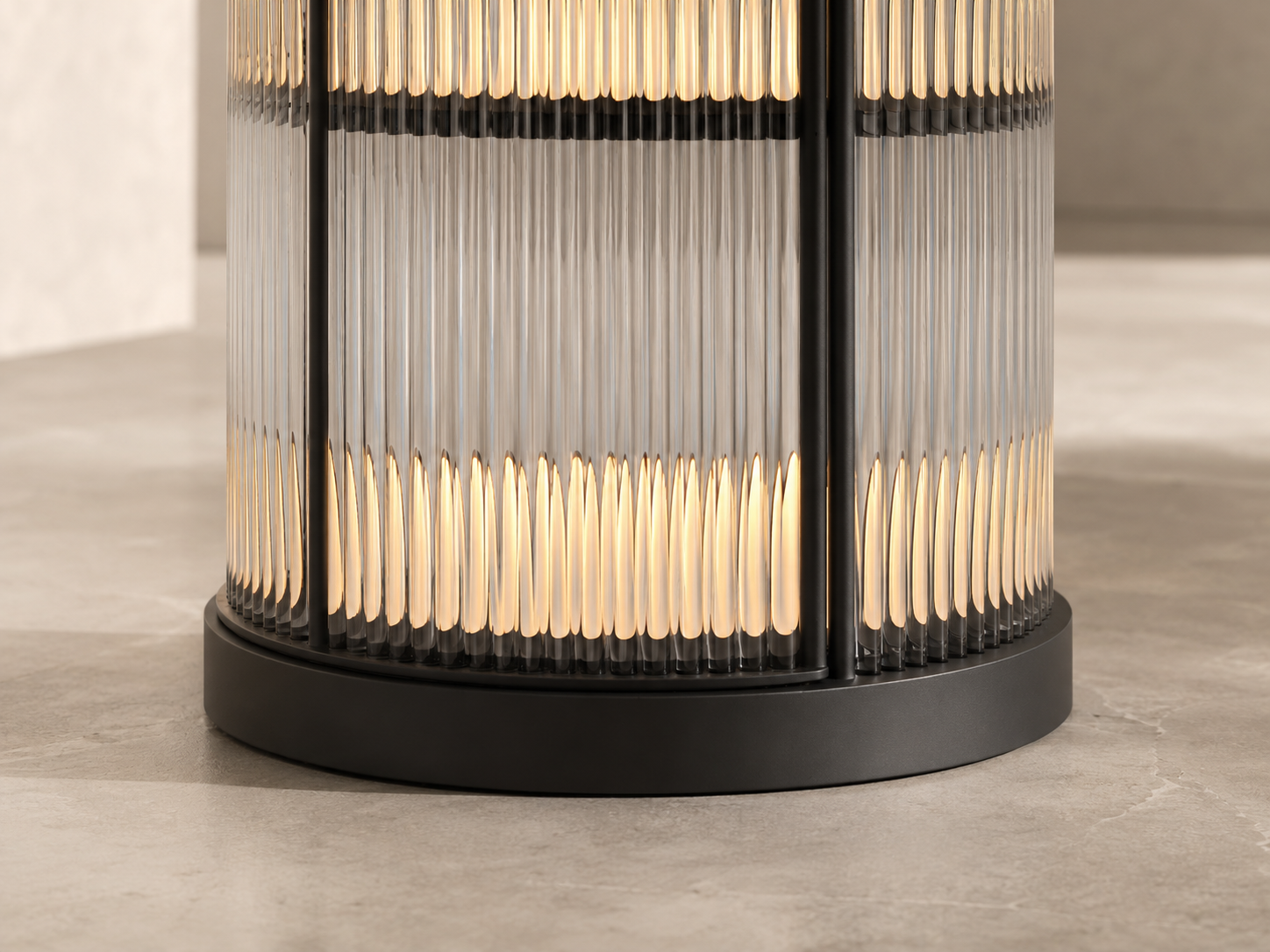 Close-up of the rounded bar cabinet base showing its concealed rolling mechanism