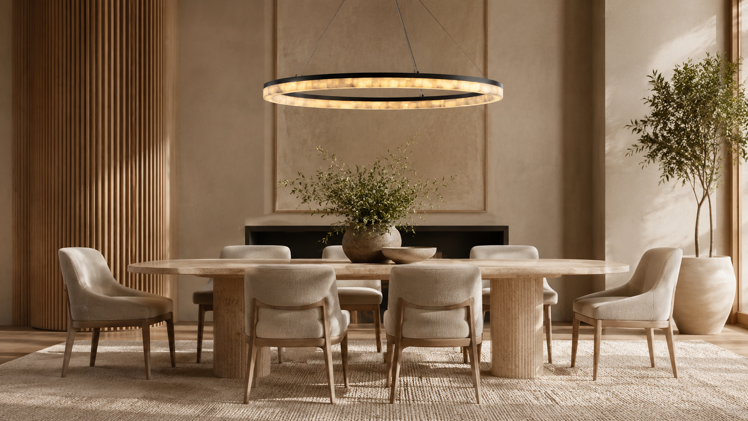 Calcite ring chandelier casting a warm glow above a round dining table in a refined contemporary dining room.