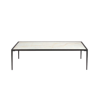 front view of large modern rectangular calcite coffee table with slim black metal legs
