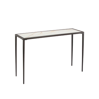 angle view of minimalist calcite console table with white stone tio and black steel legs