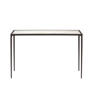 front view of modern console table with calcite top and slim metal frame