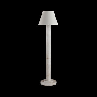 Calista minimalist floor lamp on black background, slim stone column and neutral tapered shade, light off