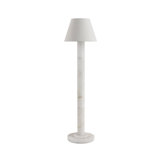 Calista minimalist floor lamp on white background, pale stone column with soft grey tapered shade, light off