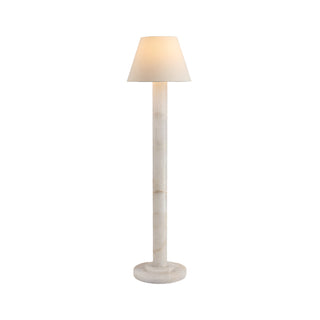 Calista contemporary floor lamp on white background, slim stone column and neutral tapered shade, light off