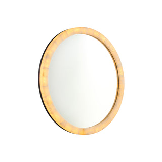 angle view of round LED backlit mirror with golden natural calcite stone frame