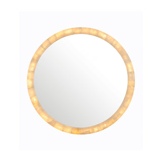front view of round LED backlit mirror with golden natural calcite stone frame