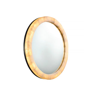 angle view of round LED mirror with golden natural calcite stone frame
