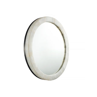 front view of round LED backlit mirror with natural calcite stone frame