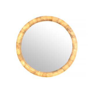 front view of round LED backlit mirror with golden natural calcite stone frame