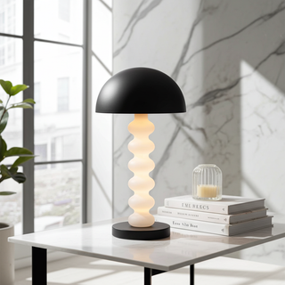 Calista sculptural table lamp styled on console table by window, contemporary table lamp with black dome shade