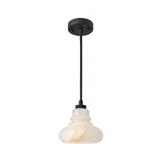 Calista carved calcite stone pendant in candy jar shape with matte black alloy frame, handcrafted mini pendant for kitchen, dining, and bedside applications