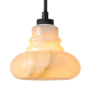 Calista carved calcite stone pendant in candy jar shape with matte black alloy frame, handcrafted mini pendant for kitchen, dining, and bedside applications