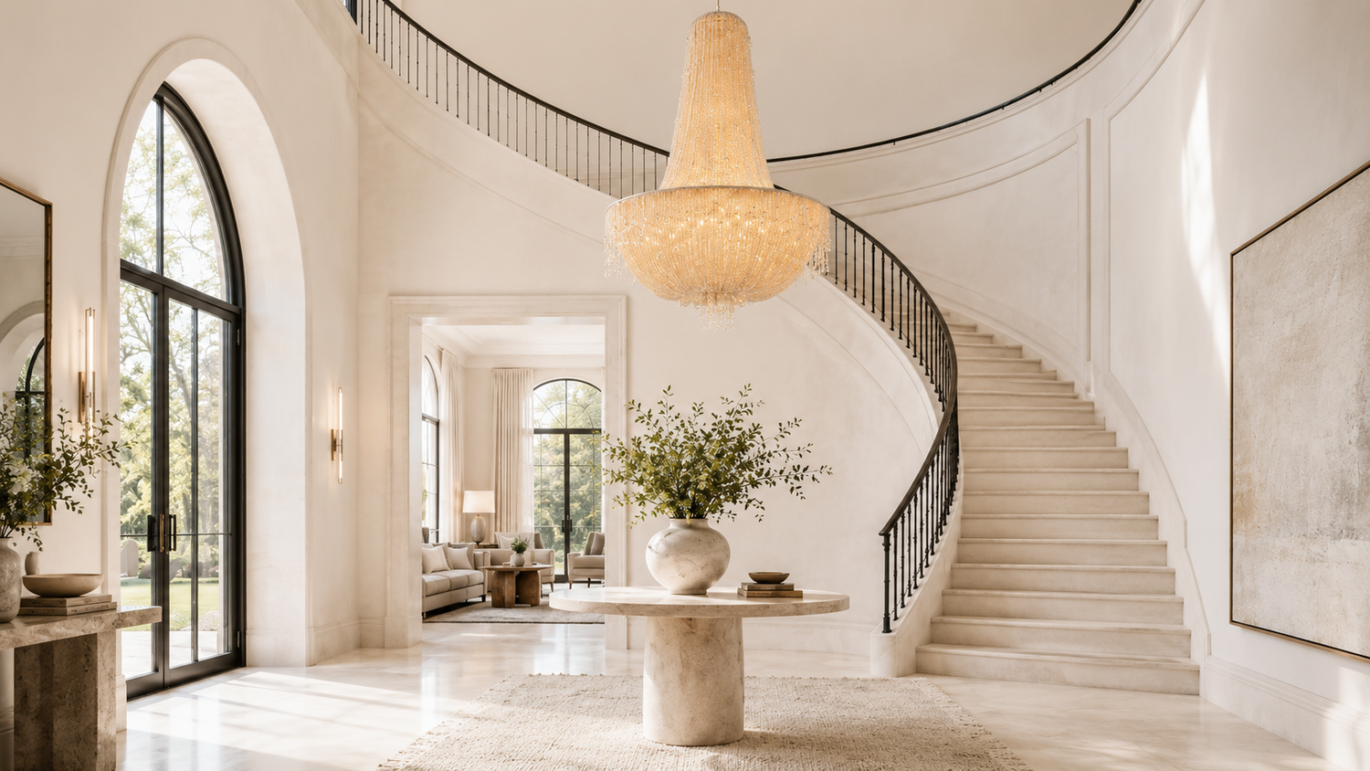 Cascade glass bead chandelier illuminated in a bright neutral bathroom with arched mirrors