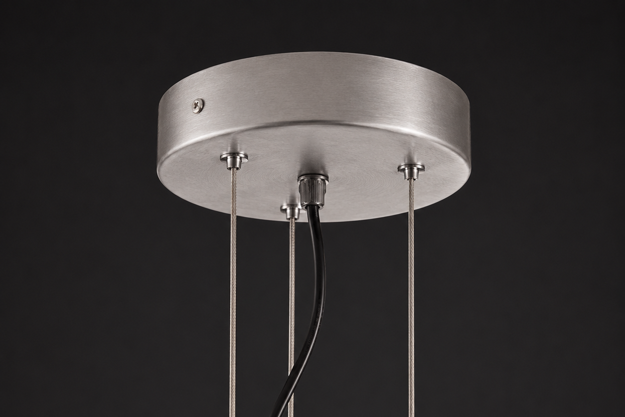 Close-up of the Cascade chandelier round ceiling canopy with adjustable suspension cables