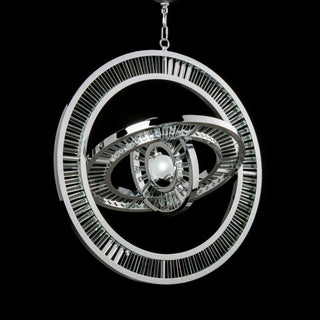 Celestial Orbit chandelier illuminated on dark background, large modern statement ring chandelier for foyer lighting